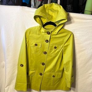 Jones New York, women’s jacket with hood, button front, size petite medium.